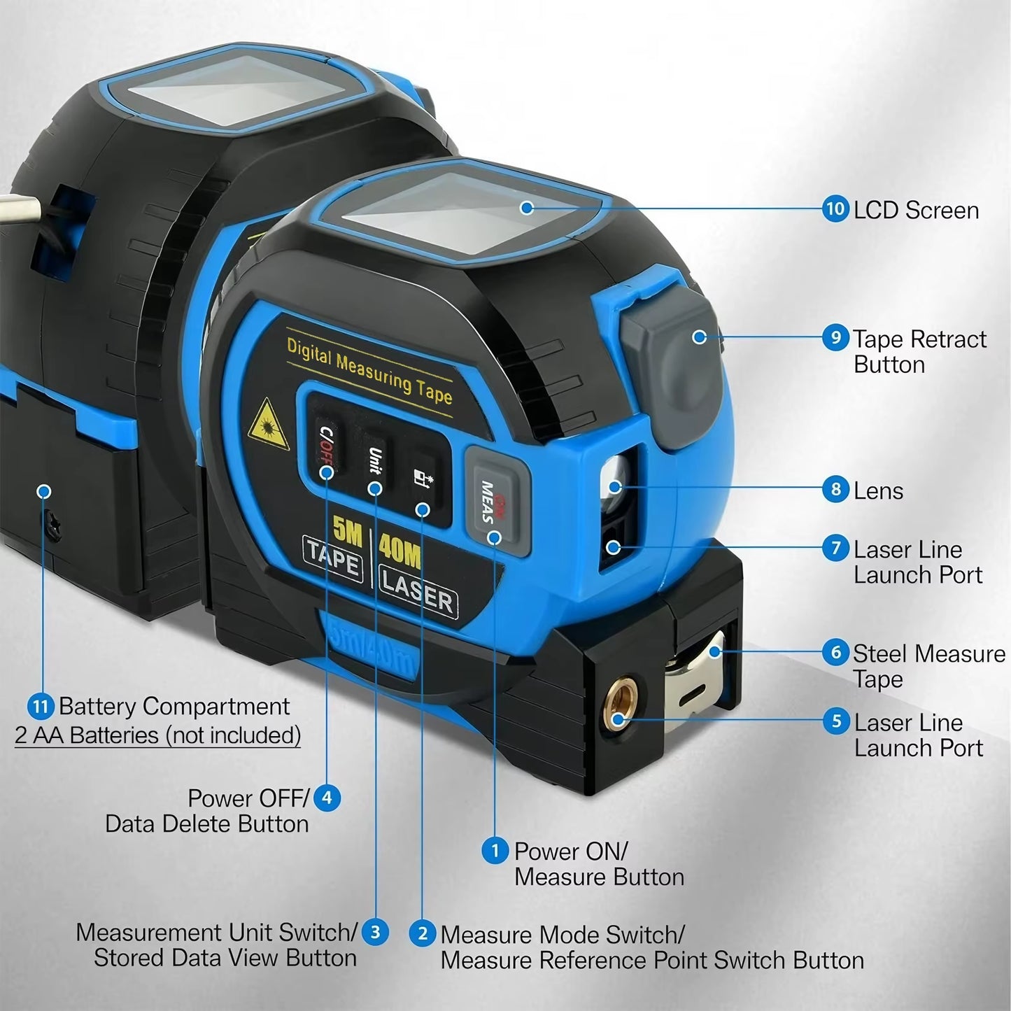 3-in-1 High Precision Laser Tape Measure - 40/60M Infrared Distance Measuring Ruler for Smart Energy Solutions